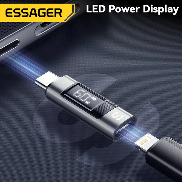 ឧបករណ៍ភ្ជាប់ Essager Type C ទៅ Lighting OTG អេក្រង់ឌីជីថល PD 60W សាកថ្មលឿន Lighting ទៅ Type C សម្រាប់ iPhone 15 14 13 12