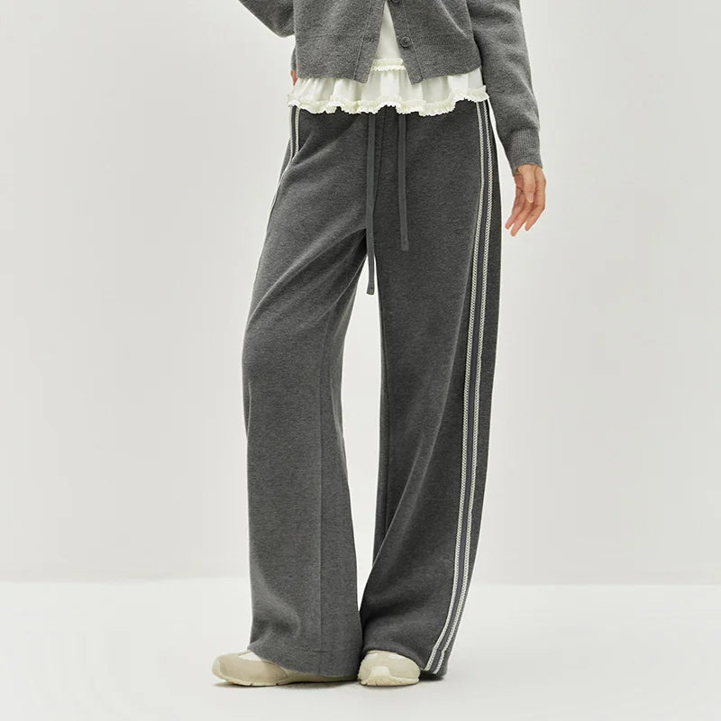 Semir Women Pants Ruffle Trim Colorblock Wool Look Wide Leg Loose Fit 450G 2026 Elegant Warm Urban Casual Trousers