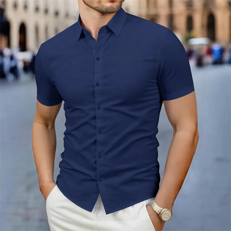 Men's Business Casual Solid Color Short Sleeve Shirt Summer Fashion No Ironing Comfortable Versatile Top for Men