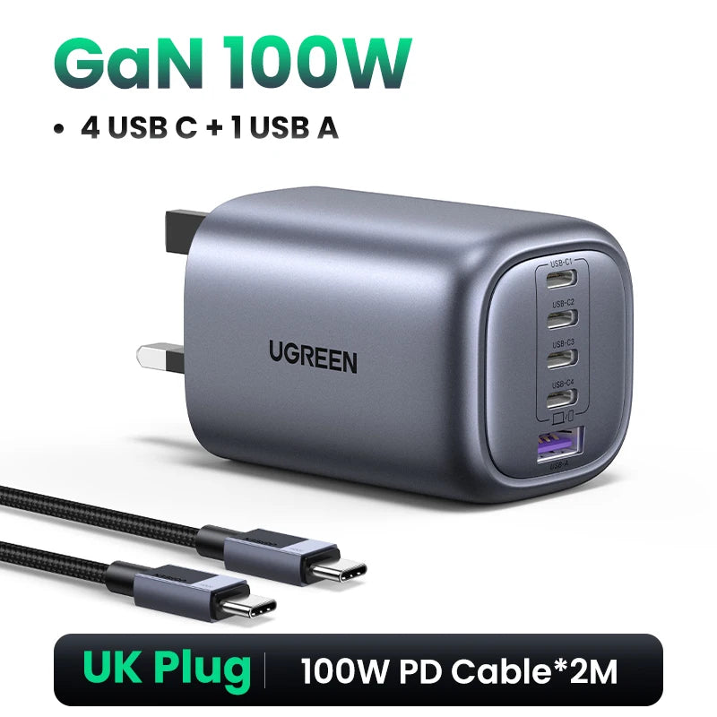 UGREEN 100W GaN Charger 5 Ports USB C Charger QC4.0 3.0 PPS For Macbook Air Laptop Tablet PDFast Charger For iPhone 18 17 16 Pro