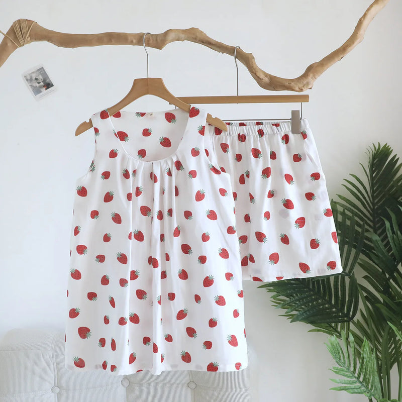 Chest Pad Women's Pajama Set Sexy Nightwear Two-Piece Ladies Set Home Wear Summer Sleeveless Sleepwear Cotton Pyjama Set Woman