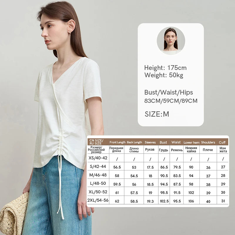 AMII Women's Minimalist Cotton T-Shirt 2026 Fashion Casual V-Neck Drawn Fold Short SleeveTee Tops Comfort Daily T-Shirt 12522163