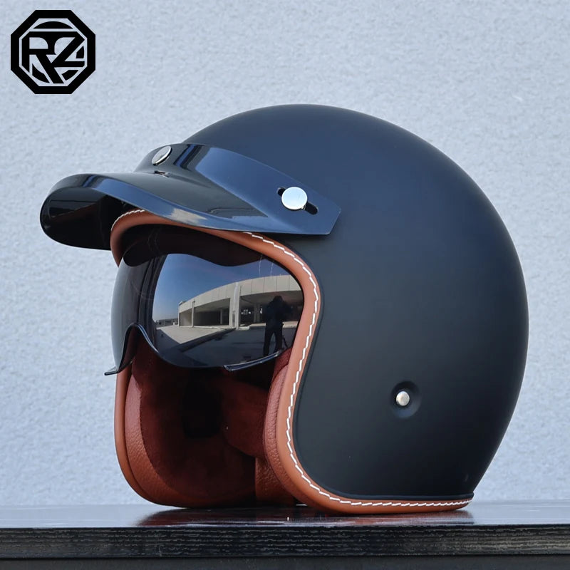 ORZ adult motorcycle helmet with built-in sun visor retro cruise 3/4 half helmet capacity motor DOT approval