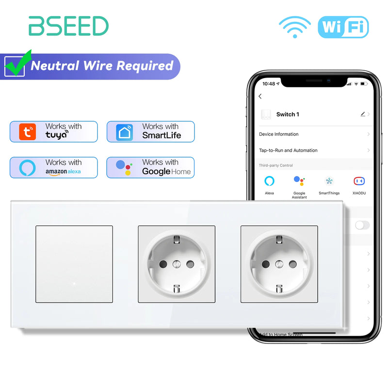 BSEED WIFI Light Switch 1/2/3Gang 2Way Smart Click Button Switch With EU Wall Socket Glass Panel Tuya Smart Life Alexa Control