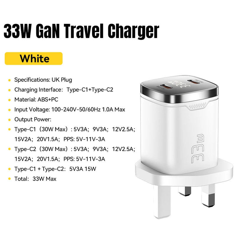 ឆ្នាំងសាក Essager 33W GaN Dual USB Type C PD សាកថ្មលឿនសម្រាប់ iPhone 17 16 15 14 13 Pro Max iPad ឆ្នាំងសាកទូរស័ព្ទអេក្រង់ឌីជីថល