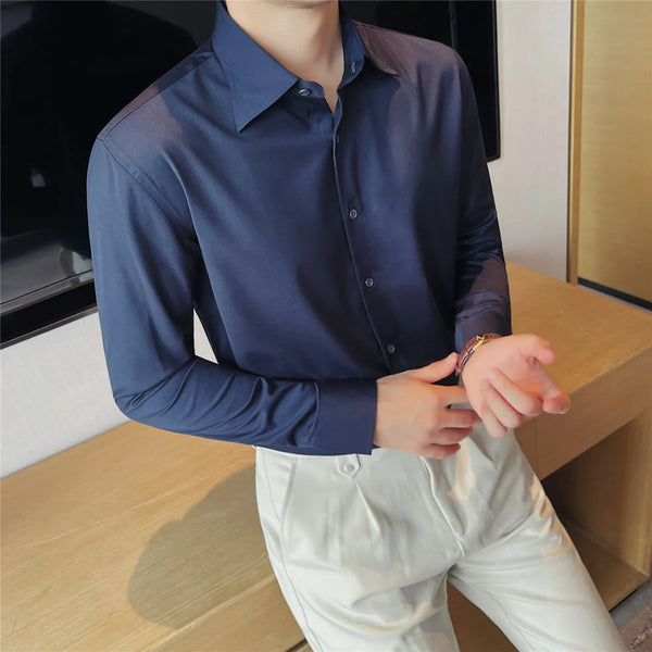 Men's Bamboo Fiber Hidden Placket Shirt Breathable Long Sleeve Button-Down for Business & Casual Wear