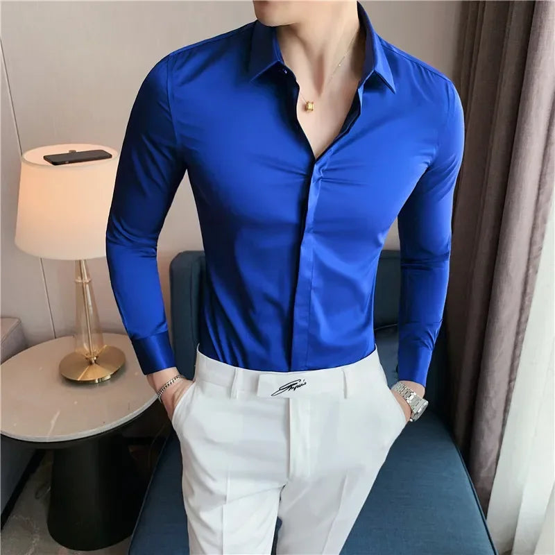 New Men's Shirt Luxury Repair Ball Gown Slim Solid Color Long Sleeve Shirt Streetwear