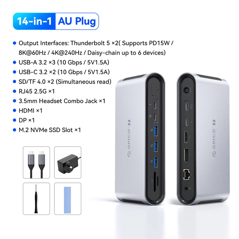 ORICO Thunderbolt 5 120Gbps Docking Station M.2 NVMe SSD 8K HDMI-com DP 140W PD 2.5G Ethernet SD4.0 USB-A 10Gbps HUB for MacBook