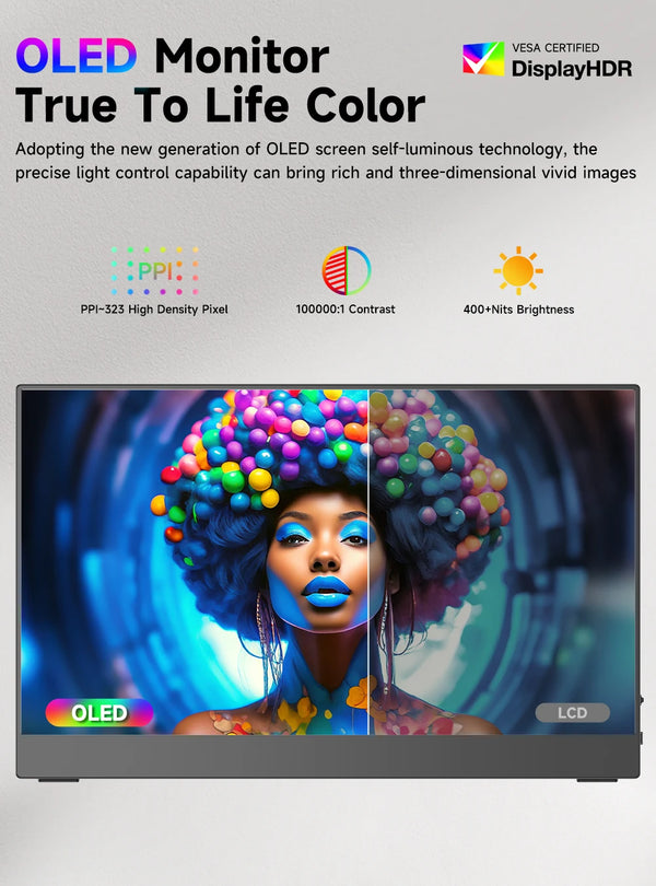 ម៉ូនីទ័រចល័ត OLED UHD 4K ដ៏ល្អឥតខ្ចោះ ទំហំ 13.3 អ៊ីញ IPS អេក្រង់ខាងក្រៅ HDMI សម្រាប់កុំព្យូទ័រយួរដៃ MINI PC Mac Steam Deck XBOX Switch Gaming Display