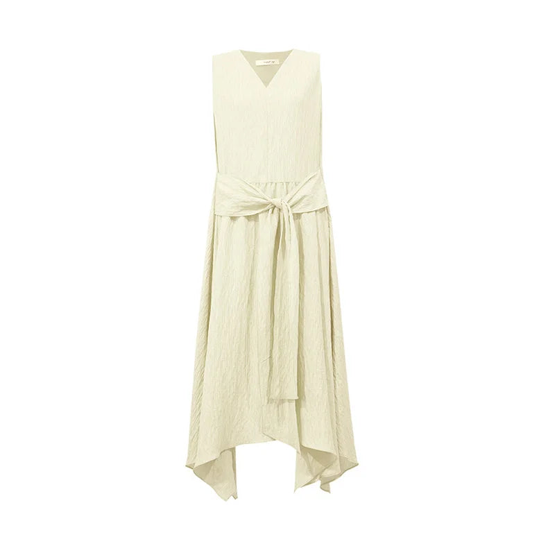 Amii 2026 Summer New Women Sleeveless Dress A-Line V-Neck Tie Waist Crinkled Texture Asymmetrical Hem Casual Midi Dress 12652074