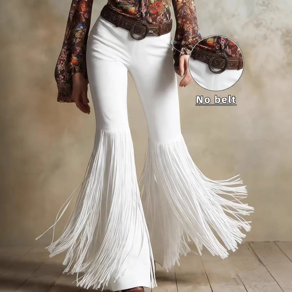 Women's Brown Flared Pants for Spring, Western-style Retro Trousers with Fringe Details, Available in Black, White, Burgundy.