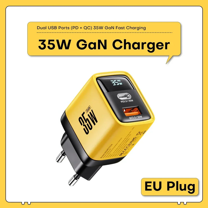 ឆ្នាំងសាក USB C 35W Gan ឆ្នាំងសាកលឿន Type C PD3.0 QC4.0 PPS ឆ្នាំងសាកទូរស័ព្ទរហ័សសម្រាប់ iPhone 15 14 Pro Max Samsung S23 S22 ថេប្លេត