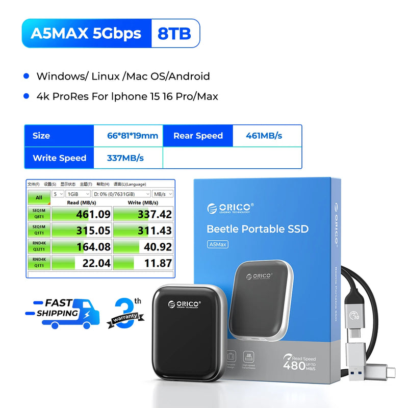 ORICO 8TB Extreme Portable SSD Up to 460MB/S 1000MB/S External Solid State Drive for Gaming and Content Creation A5MAX A10MAX