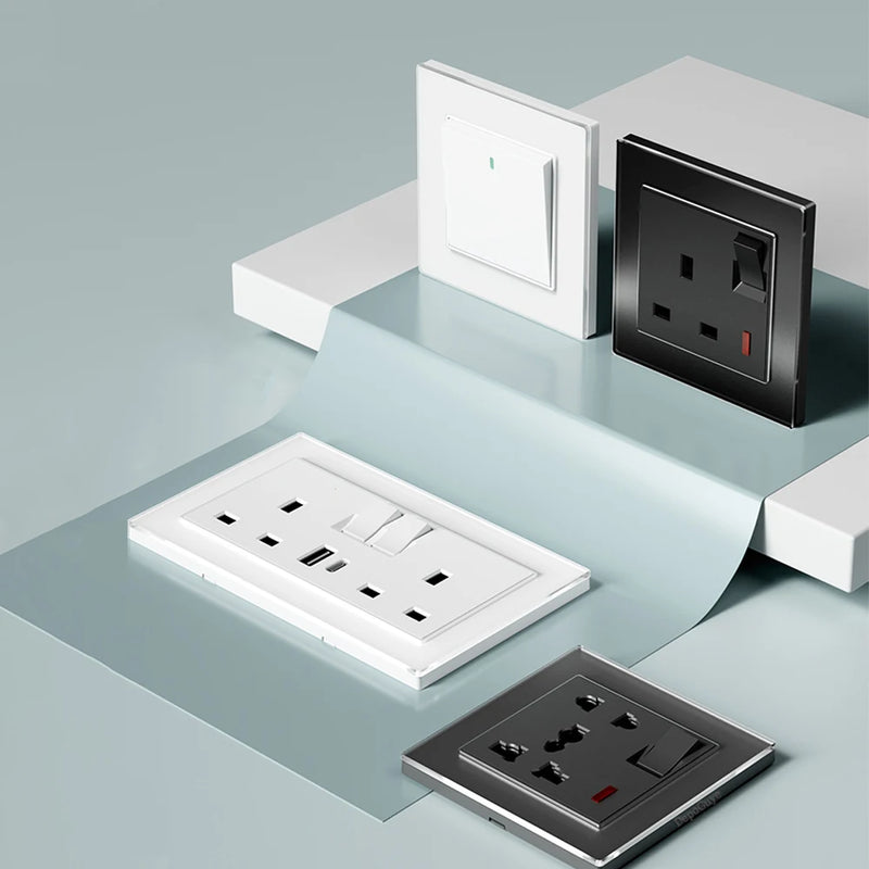 White Universal UK 13A Socket with USB Type-C 18W Fast Charging Wall Socket,Tempered Glass Button Light Switch,Dual 3pin Socket