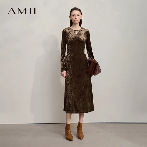 AMII Womens Dresses 2026 Autumn New Retro Long Sleeves A-Line Dress Ladies O-neck Slim Knitted Elegance Woman Clothing 12553103