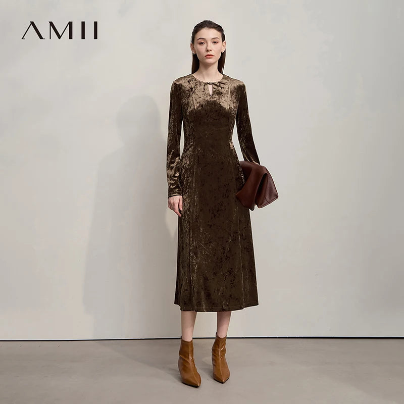AMII Womens Dresses 2026 Autumn New Retro Long Sleeves A-Line Dress Ladies O-neck Slim Knitted Elegance Woman Clothing 12553103