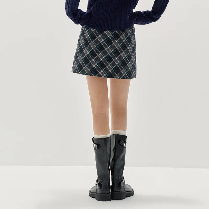 Semir Women Woolen Skirt Partial Elastic Waist Plaid Preppy Style 2026 New Winter Daily Wear Urban Casual Style
