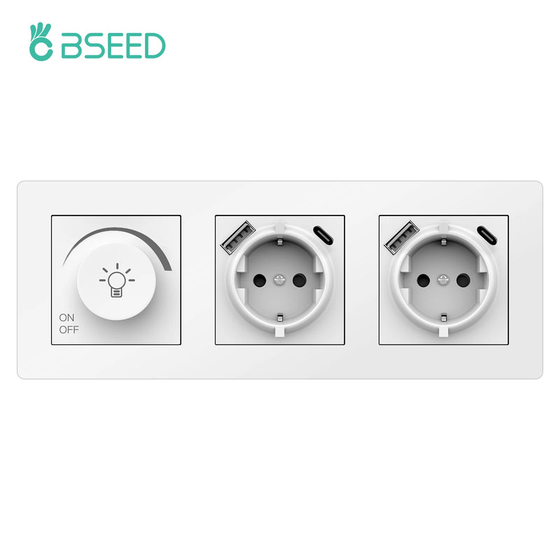 BSEED Dimmer Light Switch Rotary Knob Switch With Wall Socket USB Type-C Outlets Switch ON OFF Frame 220V