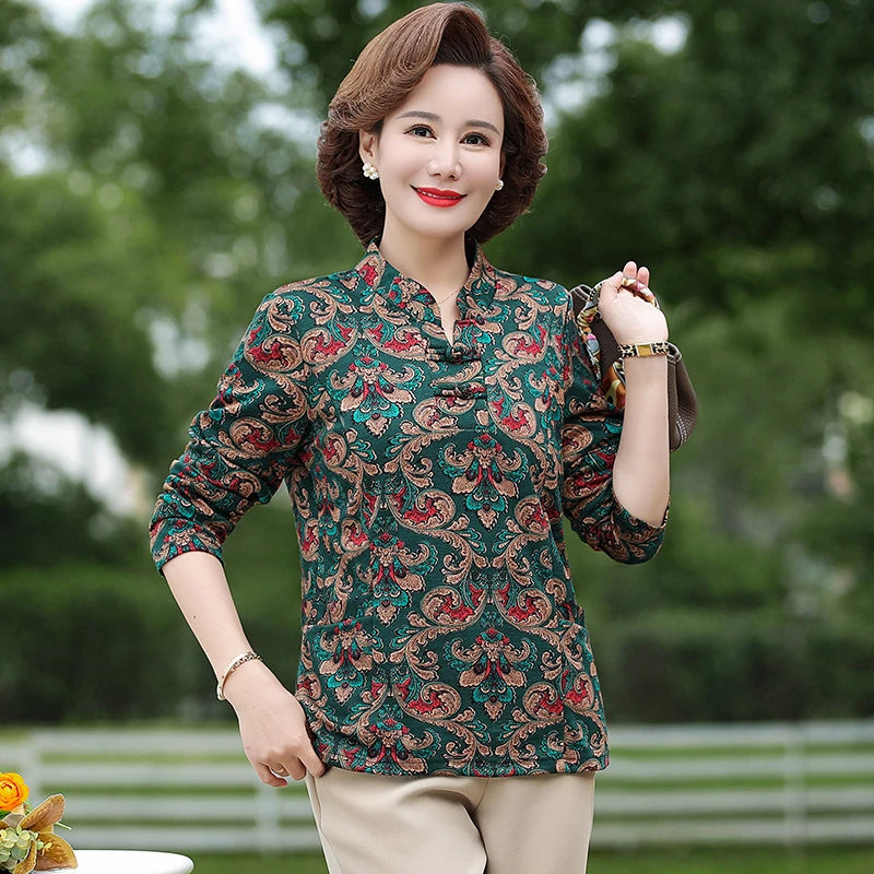 អាវយឺត Pullover ថ្មី កមូល រចនាប័ទ្ម Retro ប៊ូតុង បោះពុម្ពធរណីមាត្រ ដៃវែង អាវ Midi រលុង
