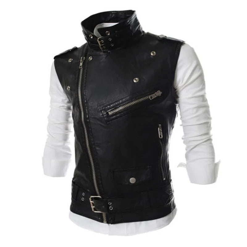 2026 Men's Black Lapel Sleeveless Vests Jacket, Slant Zipper Switch Vest, Hem Belt, Adjustable Size, White, Wine Red Waistcoat.