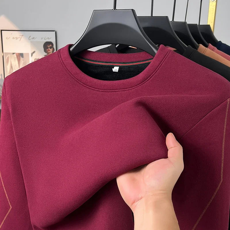 Autumn Leisure Long Sleeve Thermal Shirt Men Round Neck Decorative Sleeve Stitch Elastic Basic Daily Top