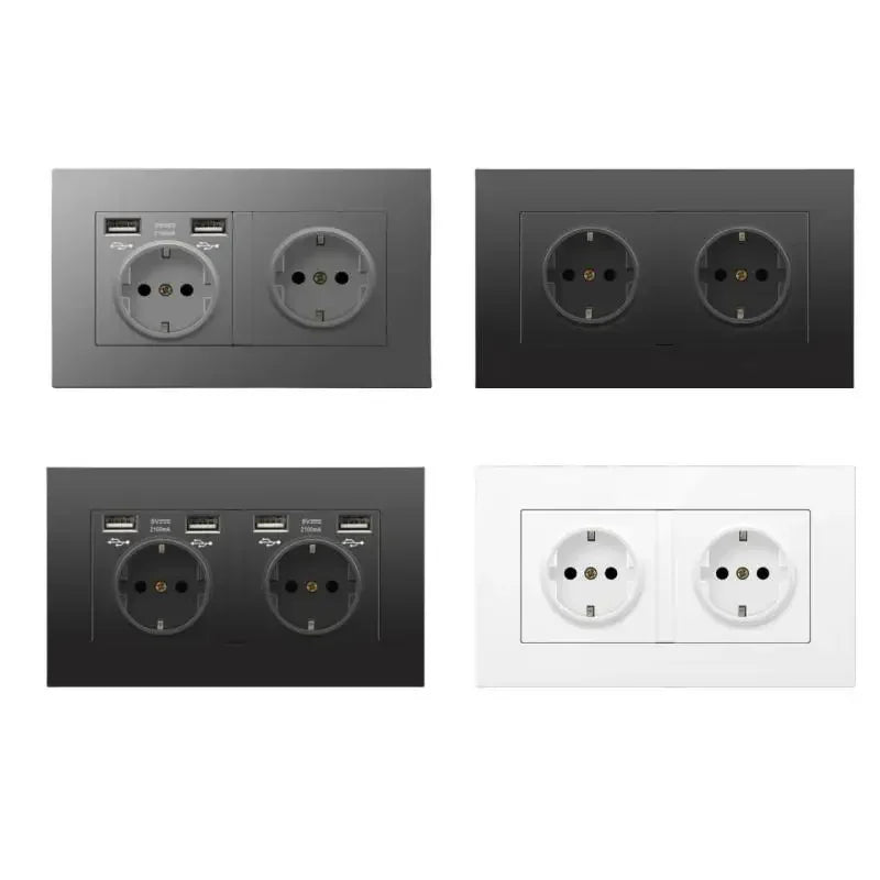 Black PC European Standard Dual 16A Wall Socket with Usb Charging Port, USB Plug Adapter 220V Power Socket Strip 146mm*86mm