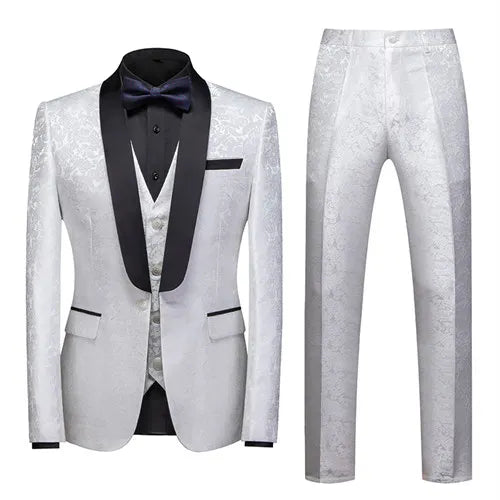 Men's Blue Jacquard Fabric Suit 3-Piece, Fashion Slim-Fit Blazer Jacket Trousers Vest, Spring  Autumn New Men Sets, Asian Size