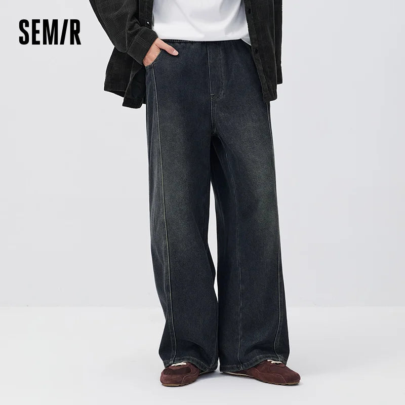 Semir Men Denim Jeans Drawstring Loose Fit Wide Leg 2026 New Winter Daily Wear Urban Casual Style Cold Weather Layering