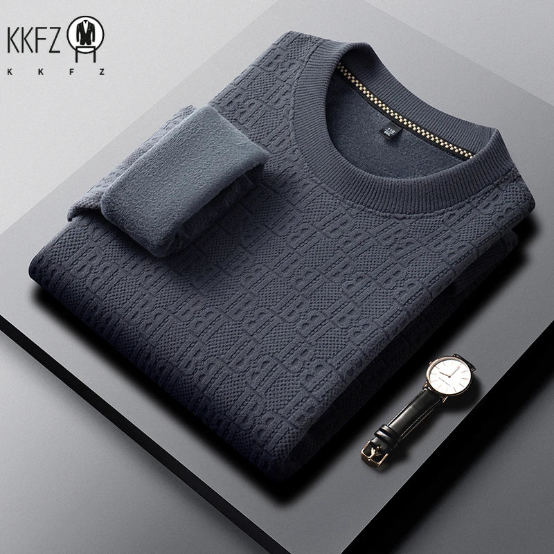 Mens Winter Long Sleeve Knit Top All Over Embossed Pattern Fleece Lined Round Collar Comfort Business Shirt
