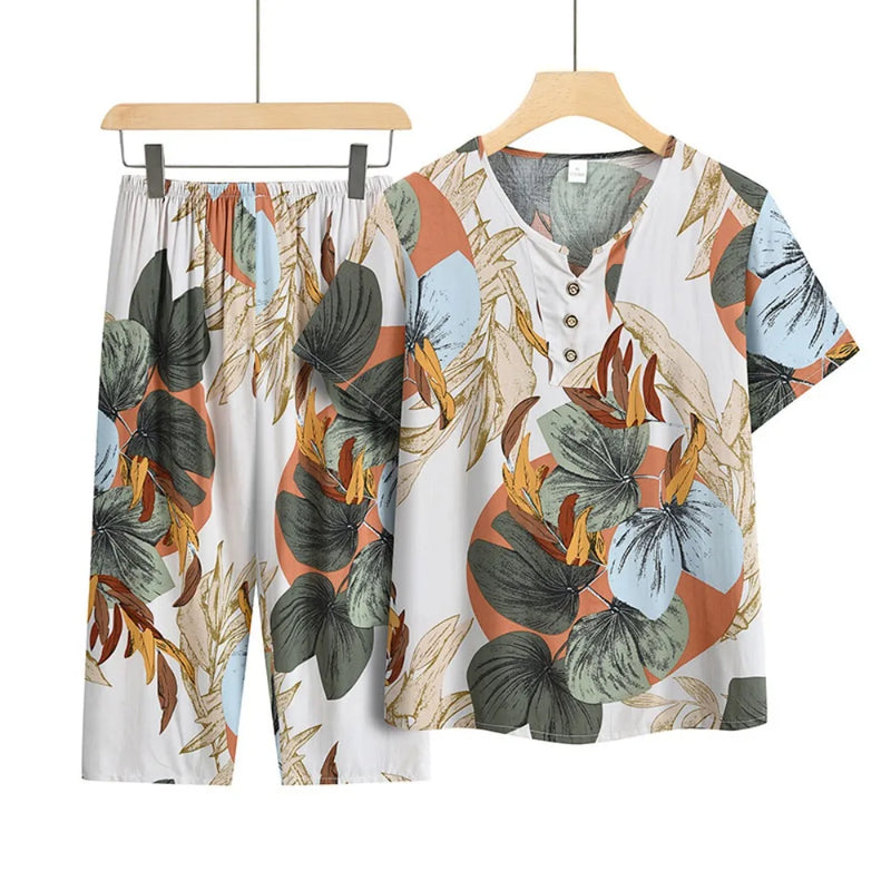 Women's Summer Pajamas Short-Sleeved Night Wear For Ladies Sleepwear Two-piece Middle-aged Pijama Floral Home Wear Pyjama Femme