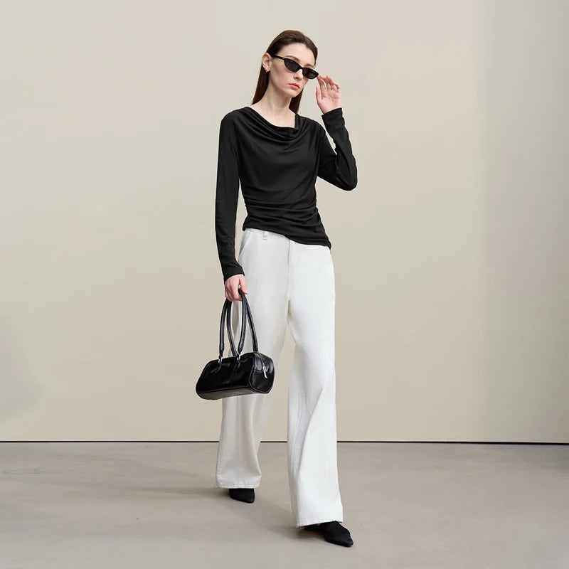Amii Long Sleeve T-Shirt  Autumn New Elegant Swing Collar 2026 Women's Tee Shirt Casual Versatile Solid Color Knit Tops 12641022