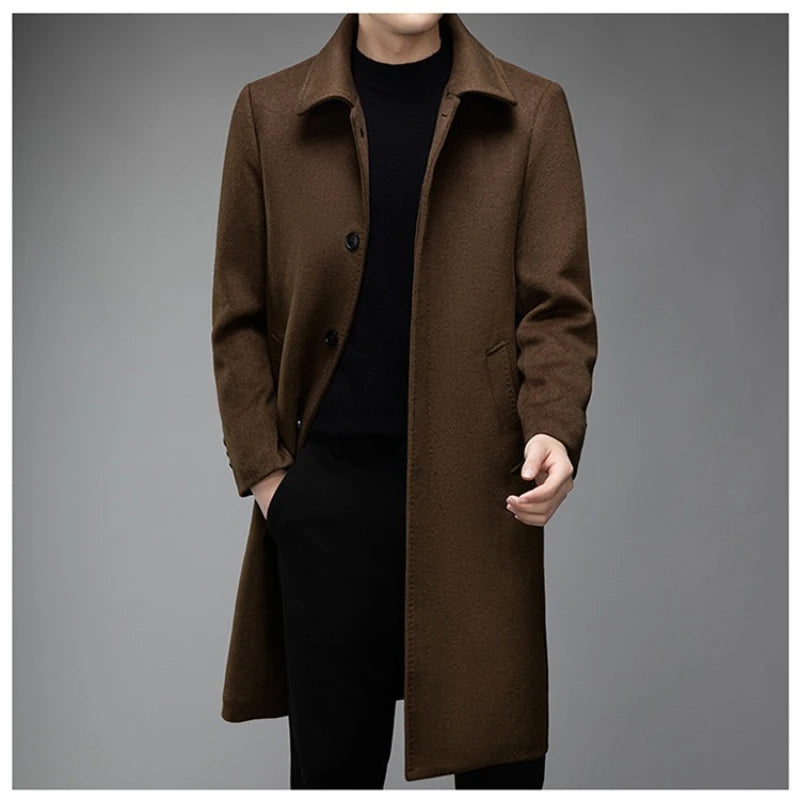 Men's Long Wool Overcoat, 52.3% Wool Light Luxury, Slim Fit, Coffee Brown Gray Black Business Fashion