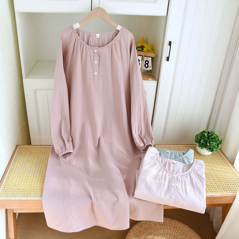Gauze Cotton Sleepwear Women's Nightie New Spring Summer Long Sleeve Loose O-Neck Nightgowns Nightwear for Woman Night Clothes