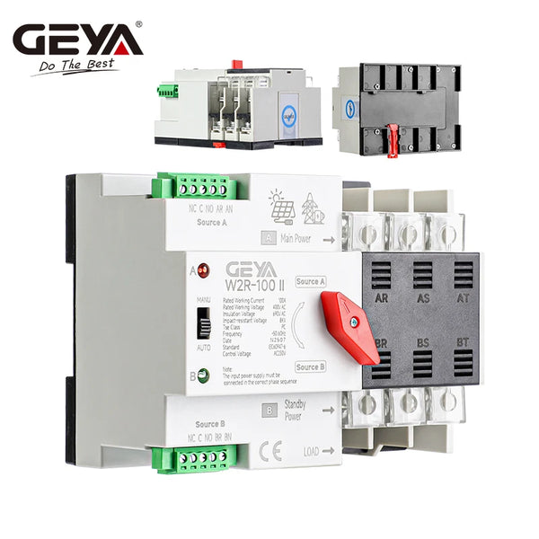 GEYA PV សូឡា ឬ ថាមពលទីក្រុង ATS 110V 220V PC កុងតាក់ផ្ទេរដោយស្វ័យប្រវត្តិថាមពលពីរ 100A ថាមពលមិនមានការរំខាន Mini ATS