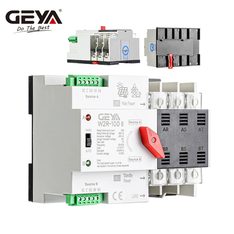 GEYA PV សូឡា ឬ ថាមពលទីក្រុង ATS 110V 220V PC កុងតាក់ផ្ទេរដោយស្វ័យប្រវត្តិថាមពលពីរ 100A ថាមពលមិនមានការរំខាន Mini ATS