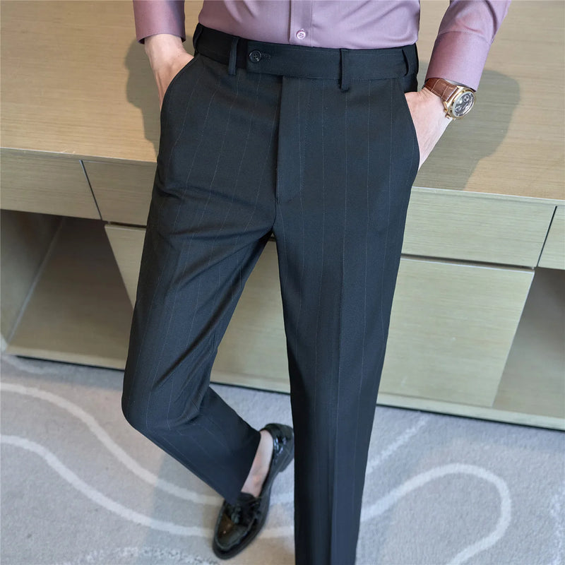 Men's Wool Blend Dress Pants, Elastic Waist Business Trousers, Tapered Slim Fit, Charcoal Gray Black Navy