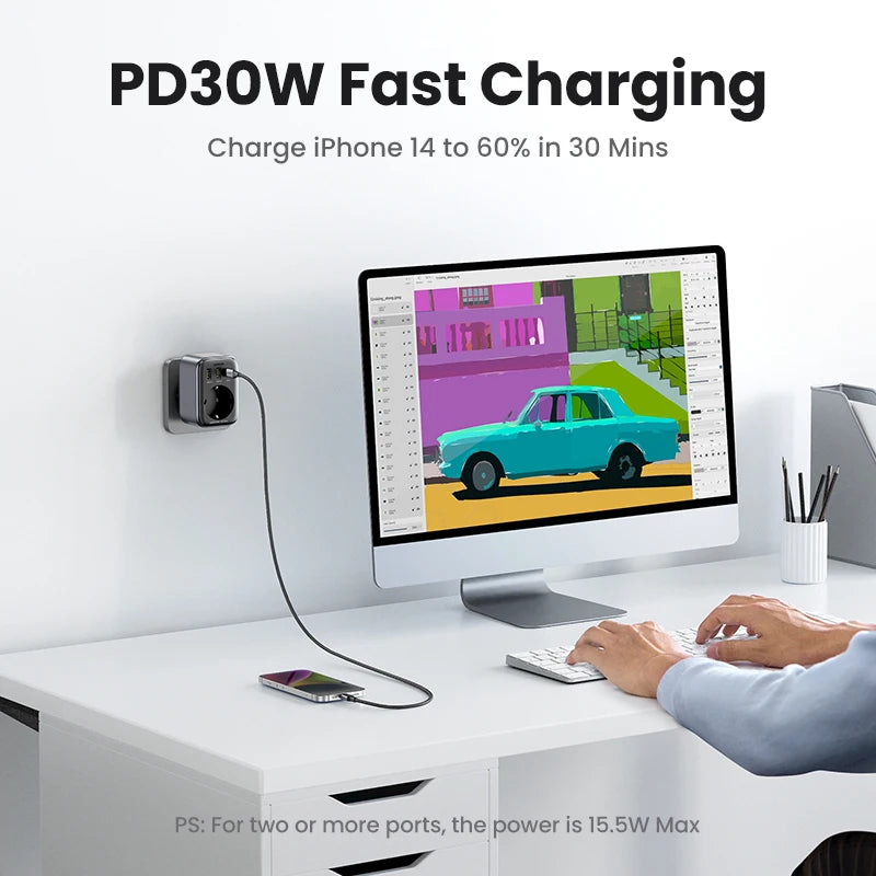 UGREEN 30W GaN PD Charger with AC Outlets Wall Socket USB Charging Socket Fast Power Strip for iPhone 17 16 Xiaomi Android Phone