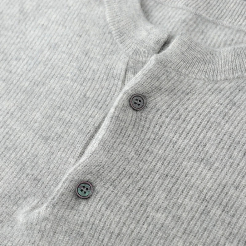 100% Wool Sweater, Round Neck Button Detail, Solid Jacquard Knit, Loose Fit Autumn Winter