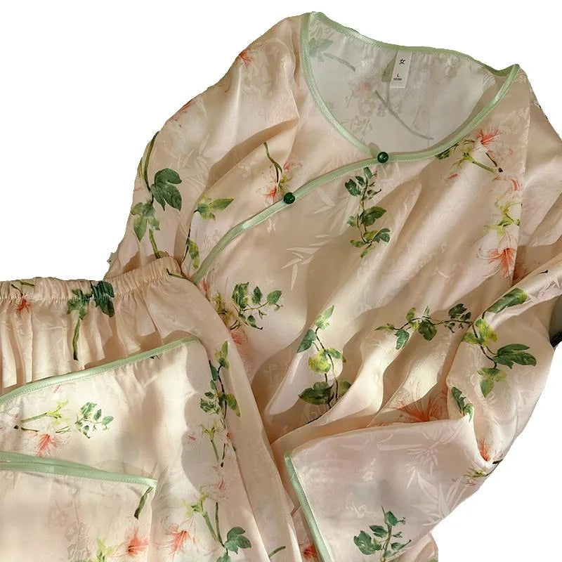 High End Silk Satin Sleepwear Women Elegant Printed Spring Autumn Home Clothing Long Sleeve Ladies Nightwear Pyjamas Femme Set