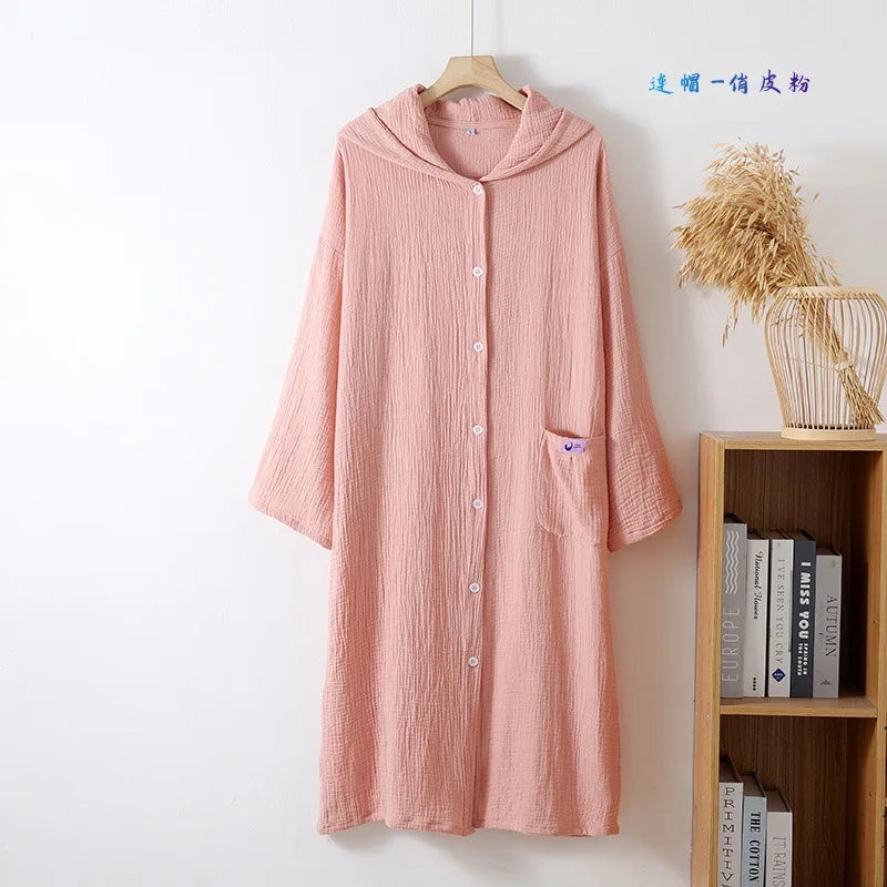 100% Cotton Loose Cardigan Dress Buttons Hooded Long Sleeved Nightgowns Female Home Wear Nightshirt Lounge Women Nightdress
