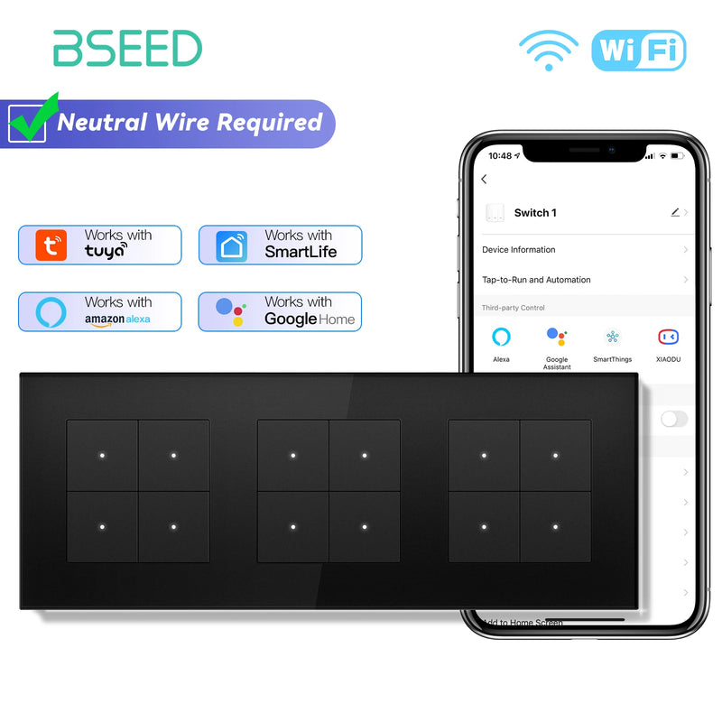 BSEED 1/2/3/4Gang 2Way Smart WIFI Light Switch Click Button Switch Support Tuya Smart Life Alexa Control Glass Panel Black Color