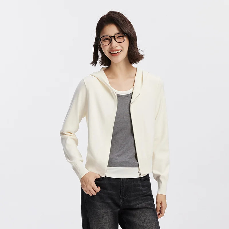 Semir Women Cardigan Hooded Solid Knitwear Regular Shoulder Slim Soft Casual Style Autumn Layering Sweater 2026