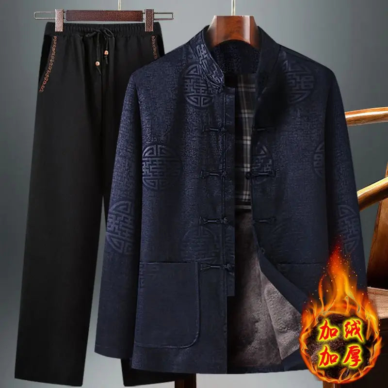 Chinese-style Men's Two-piece Set: Red Jacquard Jacket Paired with Black Embroidered Pants (available in A Thicker Version)