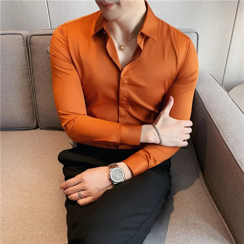 New Men's Shirt Luxury Repair Ball Gown Slim Solid Color Long Sleeve Shirt Streetwear