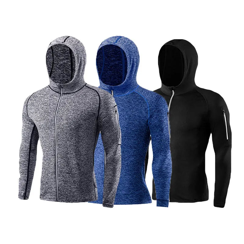 Men's Spring Fall Tight Compression Hooded Jacket Sports Hoodie for Fitness Jogging Running Outdoor Casual Wear, Black Grey Blue