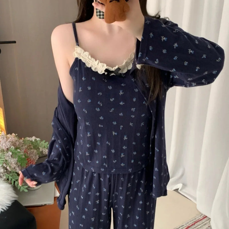 Floral Three-piece Ladies Set Pajama Chest Pads Pijama Spring Autumn Long Sleeve Home Wear Nightwear Woman Pyjamas Sleepwear