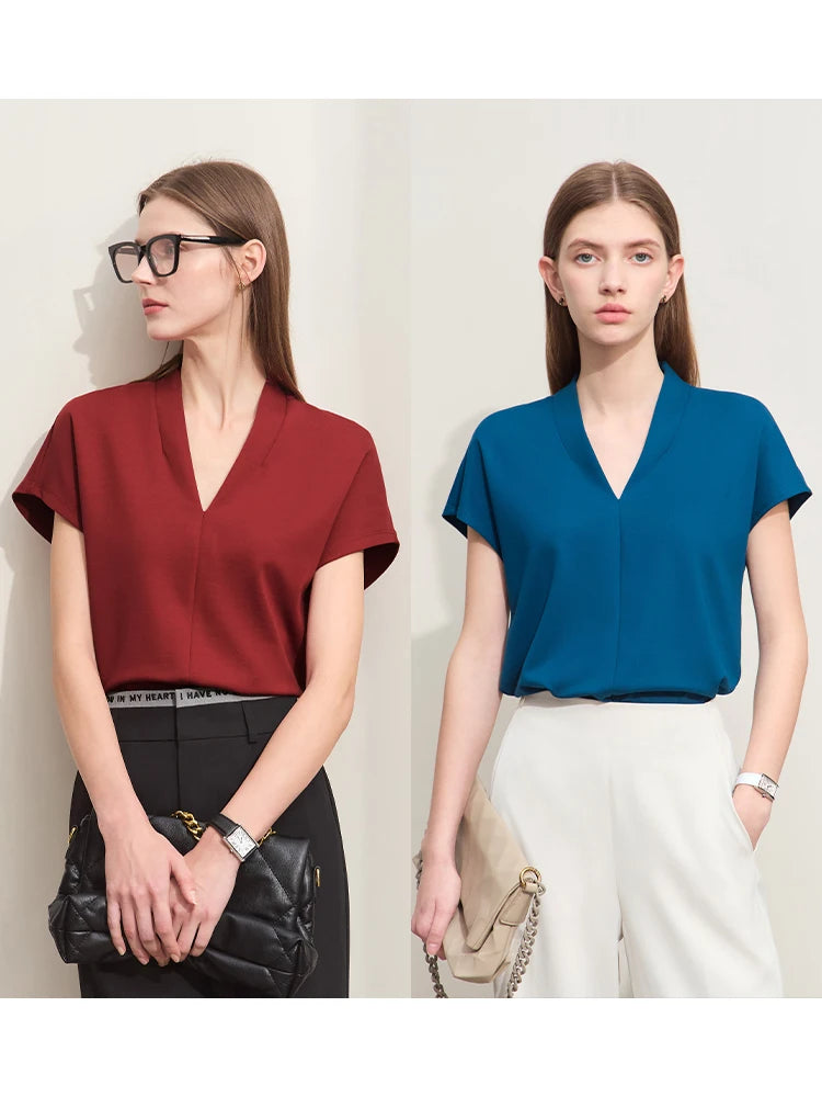 អាវយឺត AMII Minimalism រដូវក្តៅឆ្នាំ ២០២៦ សម្រាប់នារី រចនាបថបុរាណ ក V ដៃខ្លី អាវ និងអាវយឺតលាត 12612011
