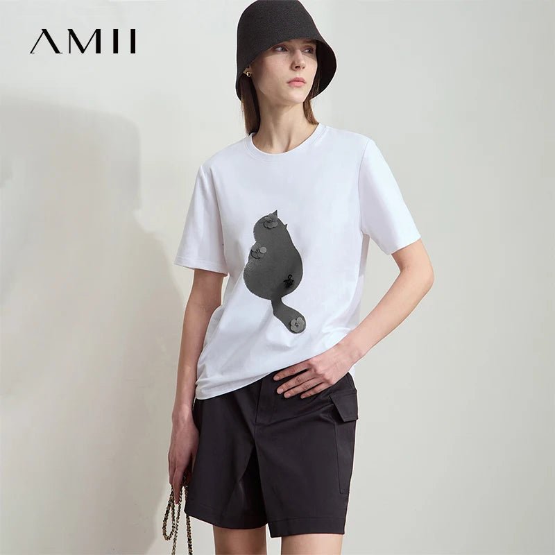 Amii Women's T-Shirt Minimalist 2026 Summer Casual Collegiate Style Slightly Elastic Short Sleeve Printed Lyocell Top 12512003