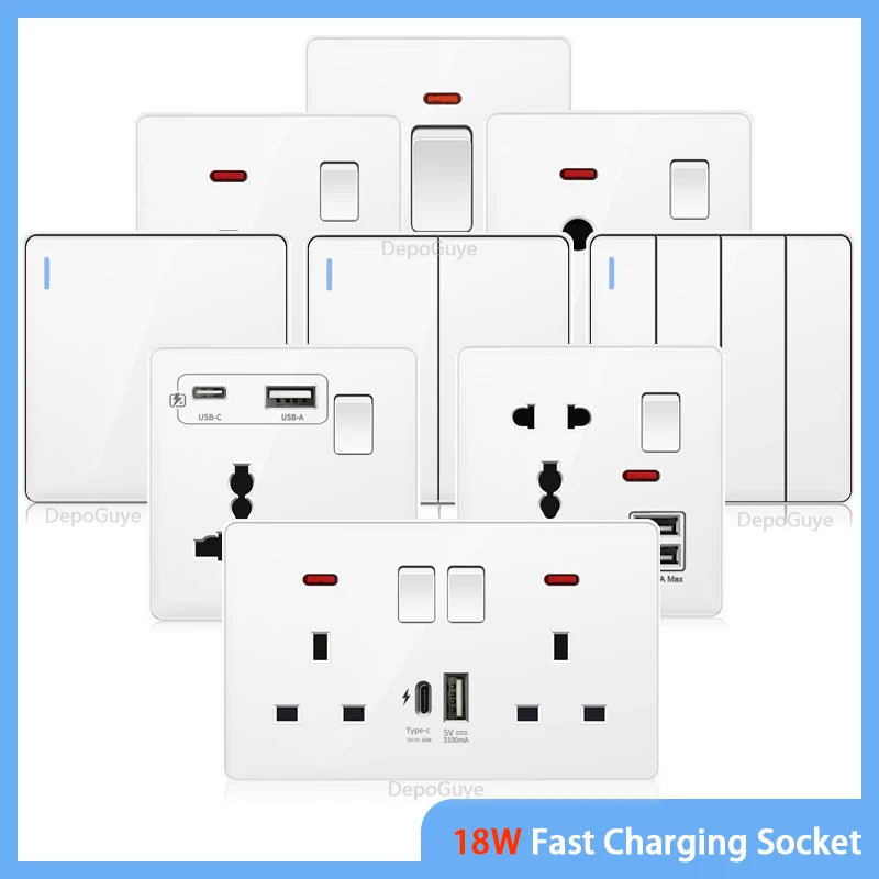 White UK Standard 13A USB Wall Socket Panel,Universal 18W Type-c Quick Charge Socket Plug,Wall Light Switch Electrical outlet