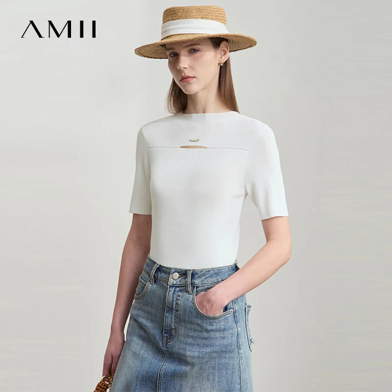អាវ យឺត រដូវក្ដៅ ធម្មតា AMII សម្រាប់ ស្ត្រី ដៃខ្លី ក ស្ដើង អាវ ប៉ាក់ ប្រហោង ម៉ូដ នារី 12542215